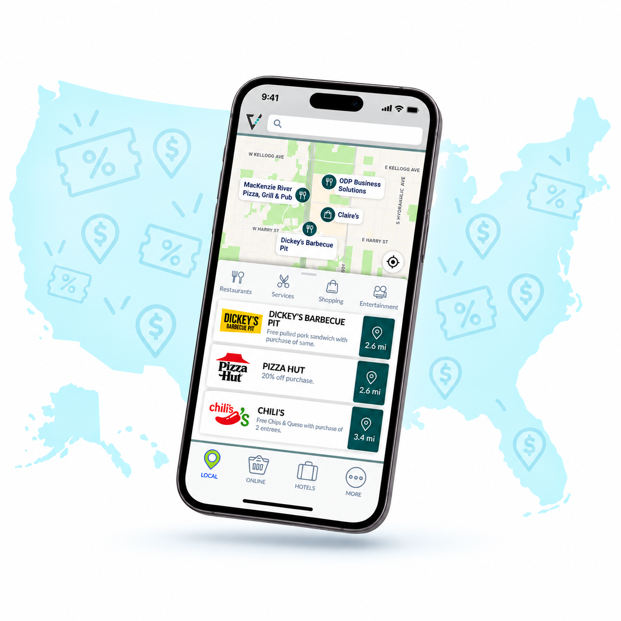 Digital discount app phone over a pale blue U.S. map with nationwide savings markers