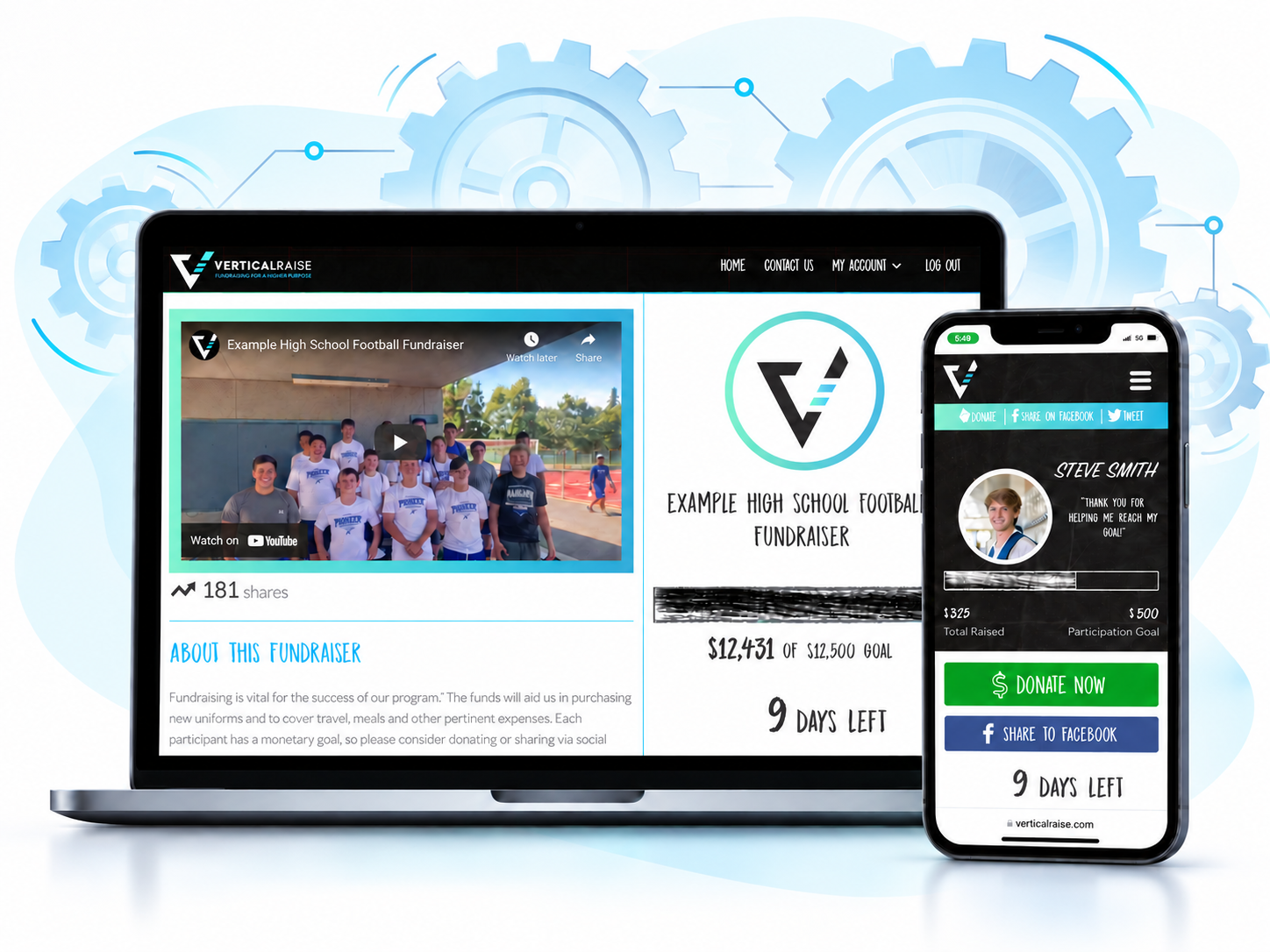Example donation campaign on a laptop and phone, backed by soft blue gears and connecting lines