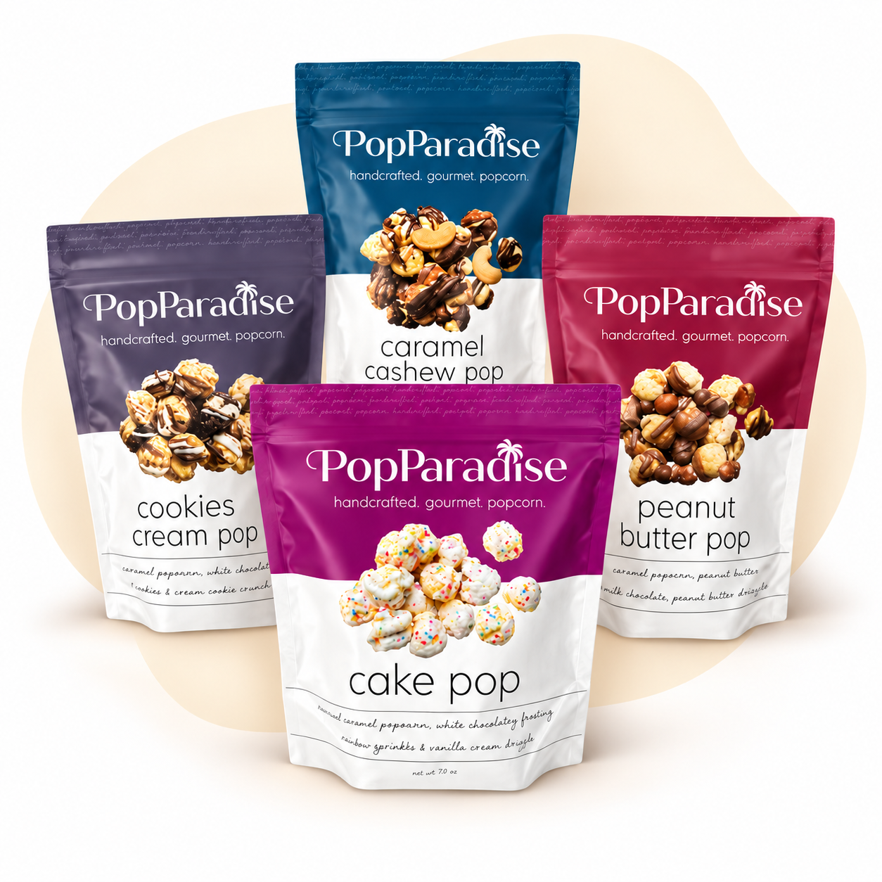 Four PopParadise gourmet popcorn bags