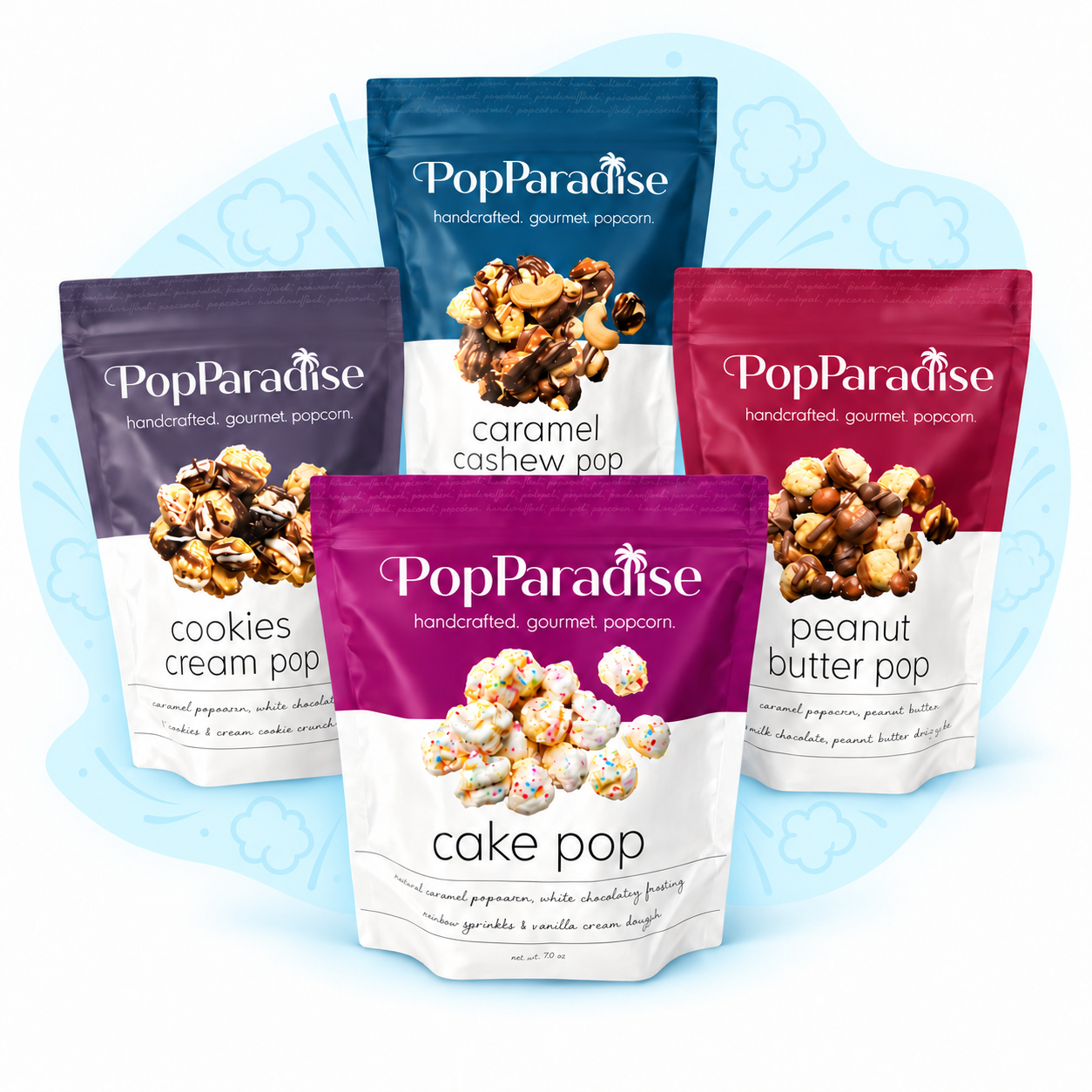Four PopParadise popcorn bags over an icy blue backdrop with faded popcorn burst outlines