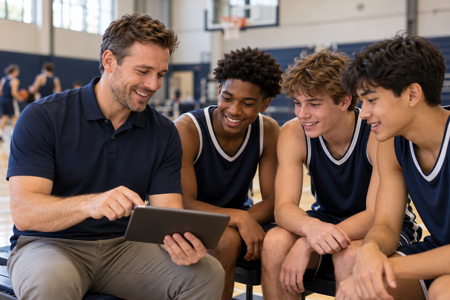 Illustrative scene of a fundraising coach preparing with student athletes