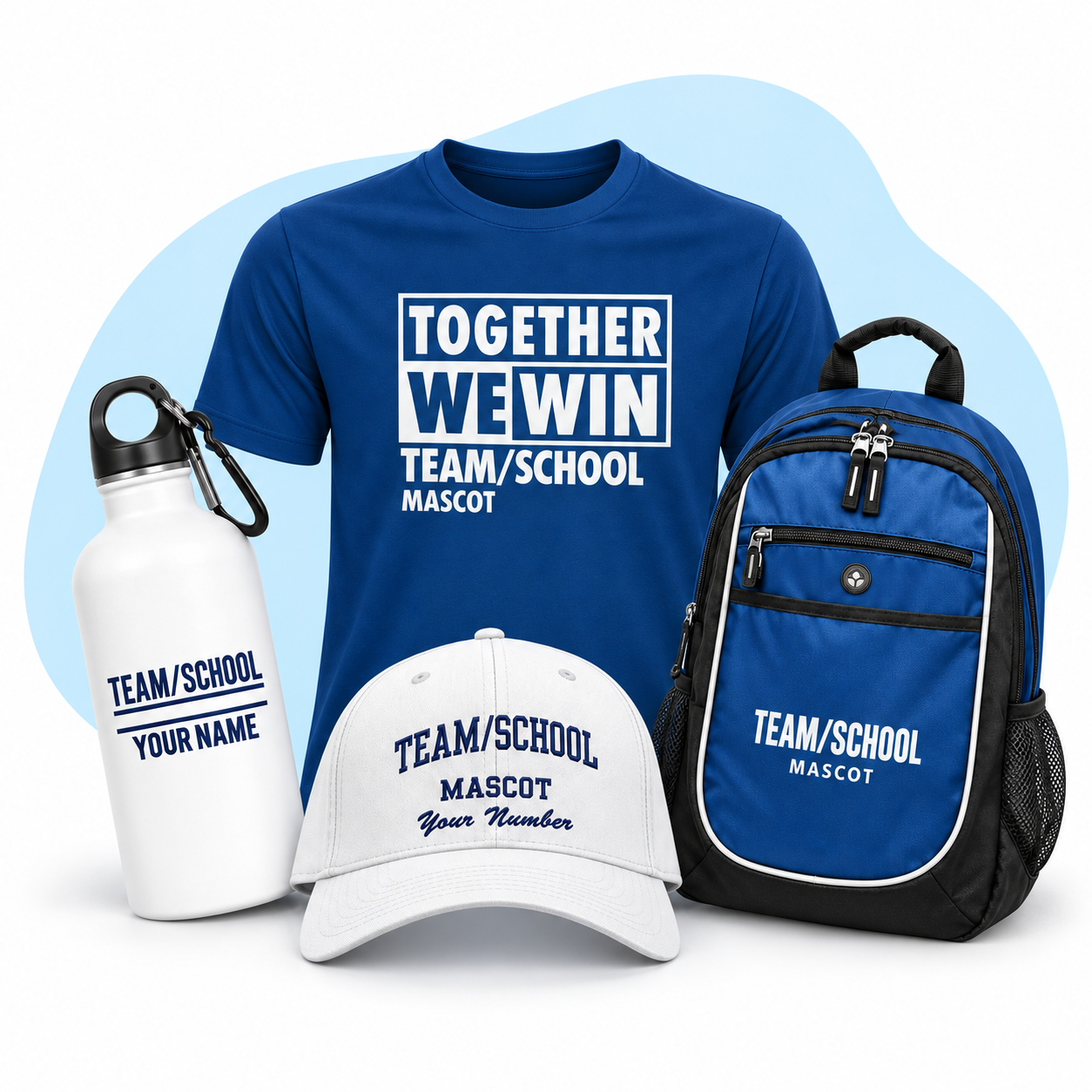Team spirit shirt, cap, bottle and backpack